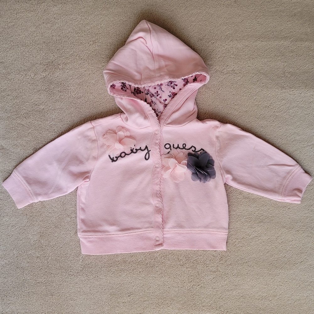 Guess Baby Girl Pink Hoodie Sweater 4 Snap Buttons Size 3-6 Months